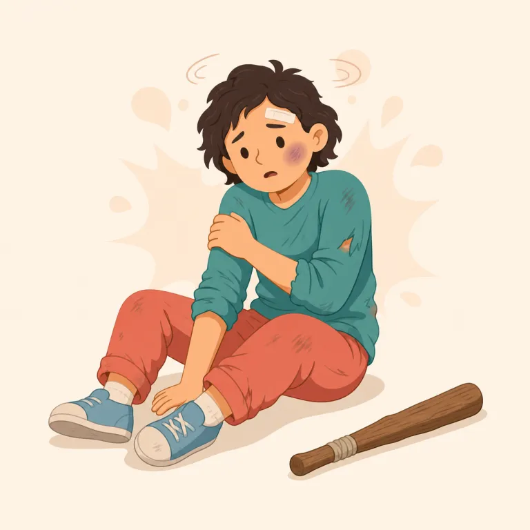 bludgeoned（殴られた・形容詞）の覚え方イラスト — bludgeoned は、まず bludgeon という「こん棒で殴る」動詞の -ed 形だと見て、「殴る」という動作より「殴られた結果の状態」を表す語だと押さえる