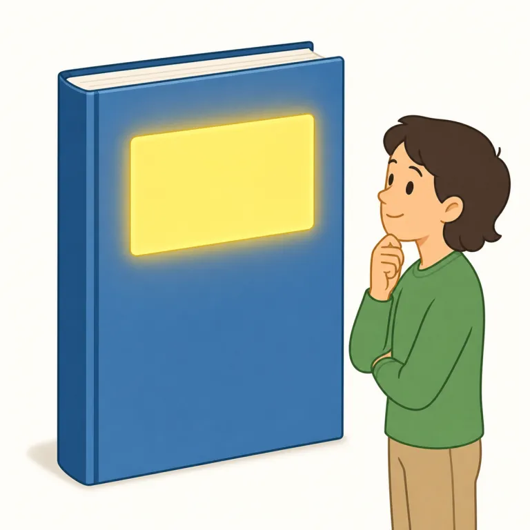 blurb（紹介文・名詞）の覚え方イラスト — blurb は、book cover や website に載る短い description と結びつけると覚えやすい語です