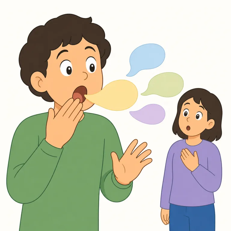 blurt out（うっかり言う・句動詞）の覚え方イラスト — まず `out` で「口の外に出てしまう」を固定すると覚えやすいです