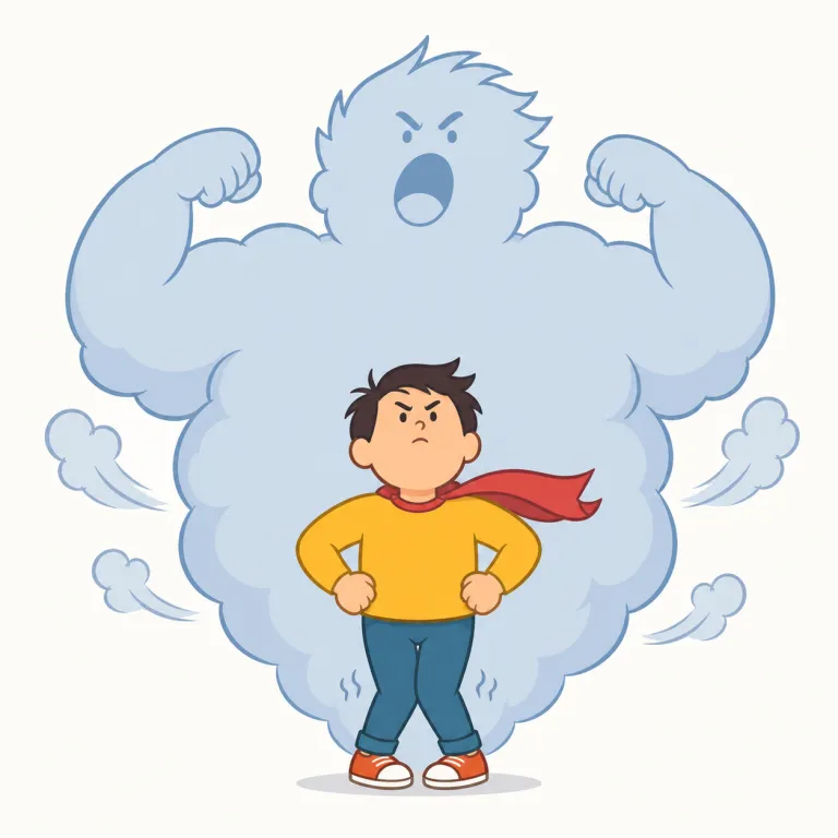 bluster（怒鳴る・動詞）の覚え方イラスト — bluster は blow「吹く」と音の感じを重ねると覚えやすい語です