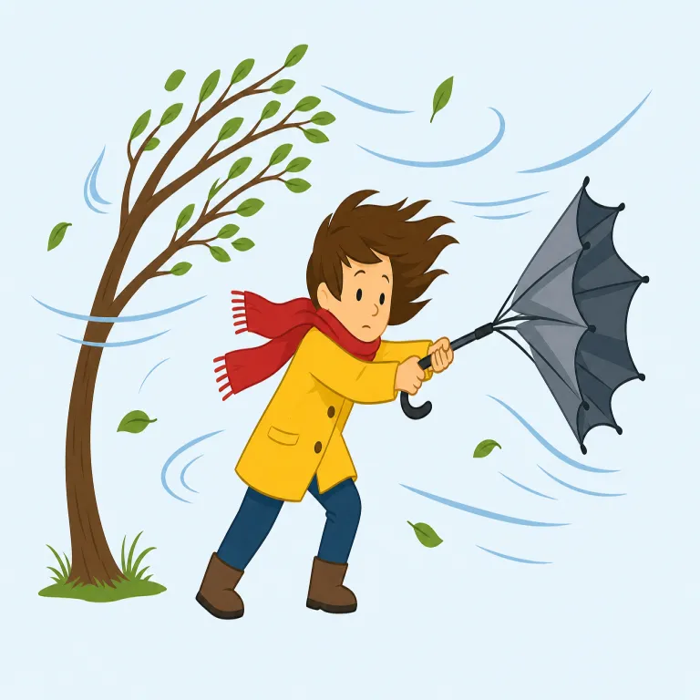 blustery（風の強い、吹き荒れるような・形容詞）の覚え方イラスト — bluster を知っているとつなげやすい語です