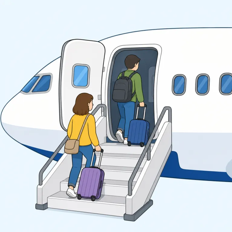 boarding（搭乗・名詞）の覚え方イラスト — boarding は board「乗り物に乗り込む」に -ing が付いた名詞で、飛行機や船などへの「搭乗」を表します