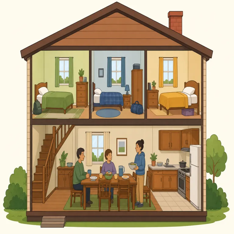 boardinghouse（下宿屋・名詞）の覚え方イラスト — boardinghouse は、まず house で「人が住む建物」と押さえ、そこに boarding が付くと「泊まり込み・食事つきで住む感じ」が加わると覚える