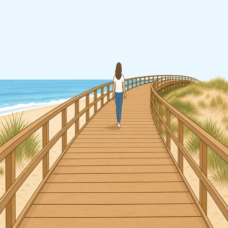 boardwalk（板張りの歩道・名詞）の覚え方イラスト — boardwalk は board「板」と walk「歩く道」をそのまま合わせた語として考えると覚えやすいです