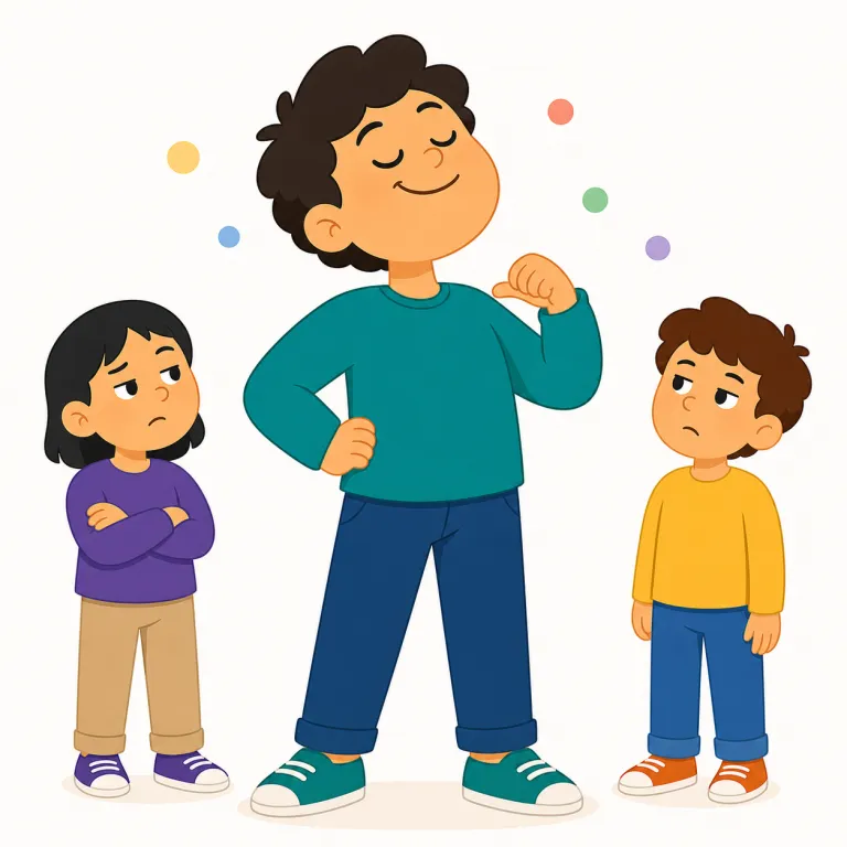 boastful（自慢したがる、自慢げな、うぬぼれた・形容詞）の覚え方イラスト — まず動詞 boast「自慢する」を知っていれば、-ful で「その性質が強い」なので boastful は「自慢する感じが強い人・態度」→「自慢げな」と…
