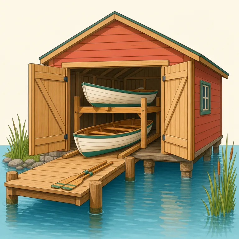 boathouse（艇庫・名詞）の覚え方イラスト — boat + house の直球な複合語なので、まず「ボートのための家」と置くと忘れにくい