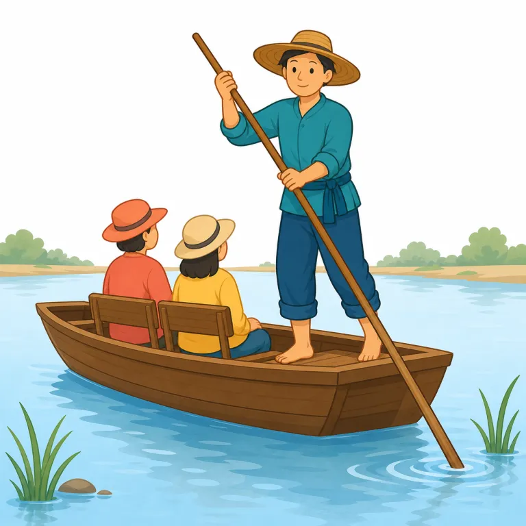 boatman（船頭・名詞）の覚え方イラスト — boat と man がそのまま合わさった形なので、まず「ボートを扱う人」と分解して覚えると定着しやすい語です