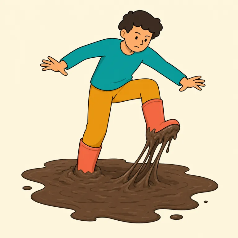 bogging（泥沼化する・動詞）の覚え方イラスト — まず `bog` を「swamp / marsh の仲間、足を取られるぬかるみ」として映像で覚えると定着しやすいです