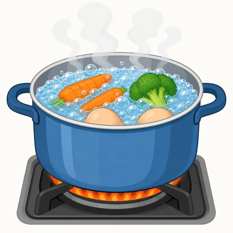 boil（沸騰する、ゆでる・動詞）の覚え方イラスト — 動詞 boil は、鍋の中で泡が勢いよく立つ映像と結びつけて覚えると自然です