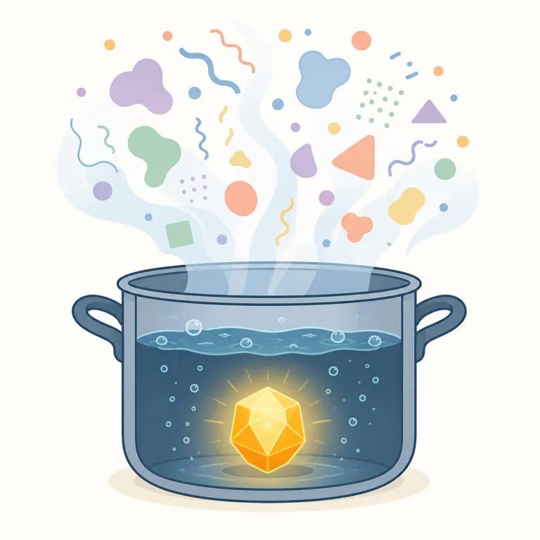 boil down to（要するに〜である・句動詞）の覚え方イラスト — boil は「煮る」、down は「下げる・減る」と押さえると、液体を煮つめて余分が減り、最後に本質だけ残る場面が浮かびます