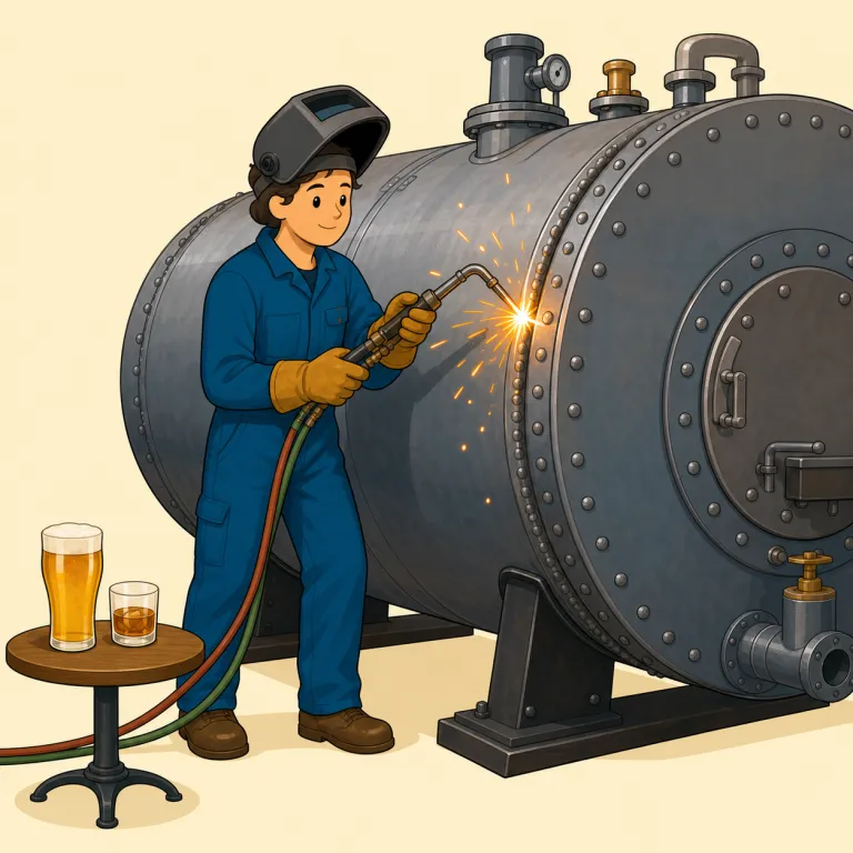 boilermaker（ボイラー職人、ボイラーメーカー（ウイスキーとビールのカクテル）・名詞）の覚え方イラスト — まず boiler を「ボイラー装置」、maker を「作る人」と切ると、boilermaker は「ボイラーを作る・直…