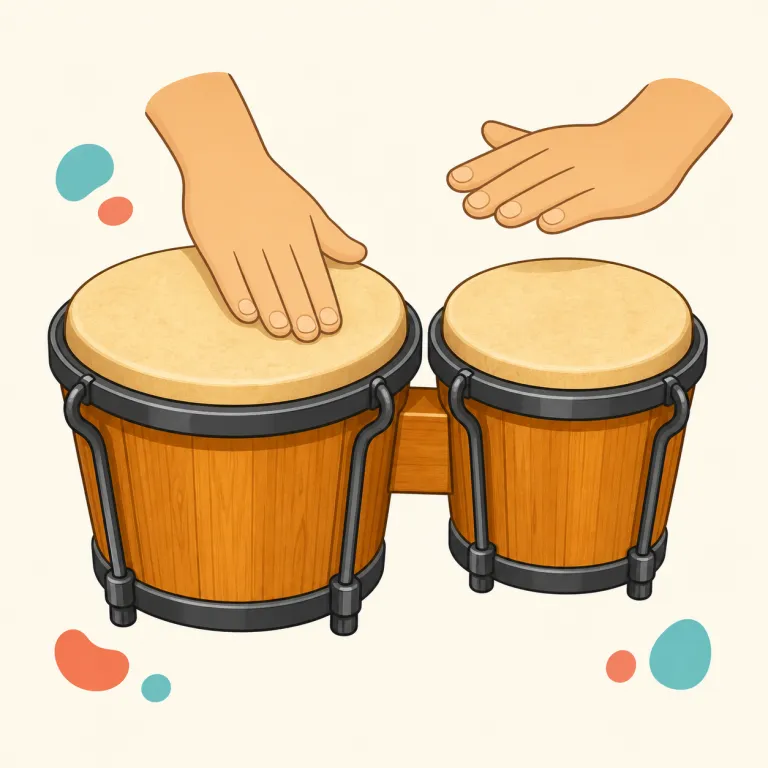 bongo（ボンゴ・名詞）の覚え方イラスト — bongo は「太鼓一般」ではなく、ラテン音楽でよく見る、小さな太鼓を2つ1組で手で叩く楽器として覚えると定着しやすいです