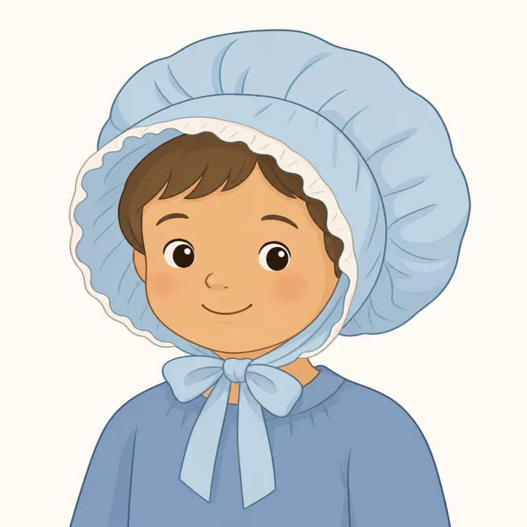 bonnet（ボンネット・名詞）の覚え方イラスト — bonnet は広い意味の hat ではなく、顔まわりをふわっと囲い、ひもをあごの下で結ぶところまで一緒に思い浮かべると定着しやすい語です