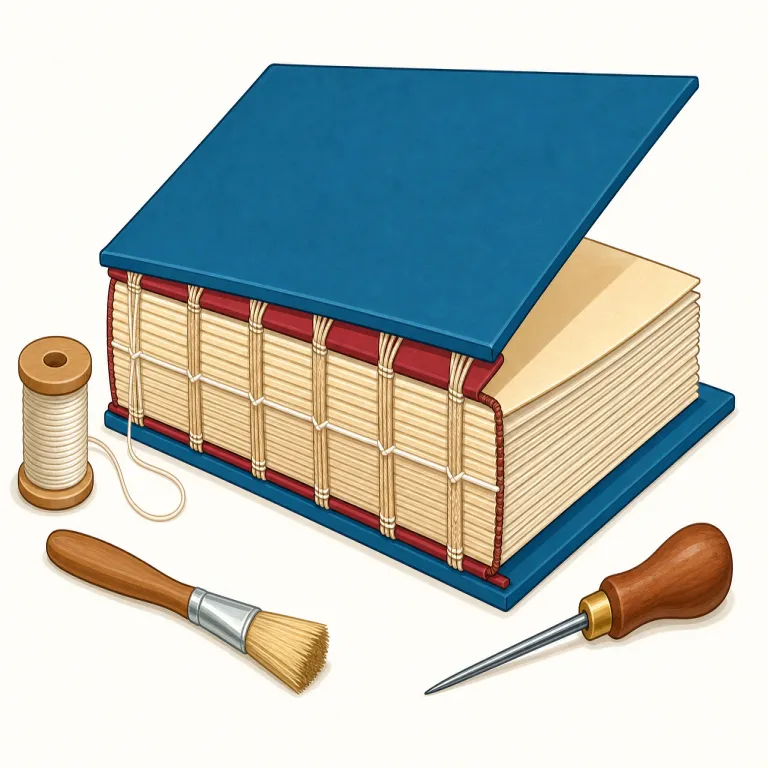 bookbinding（製本・名詞）の覚え方イラスト — bookbinding を「製本」と覚えるときは、book「本」と binding「綴じて留めること」をそのまま結びつけるのが有効です