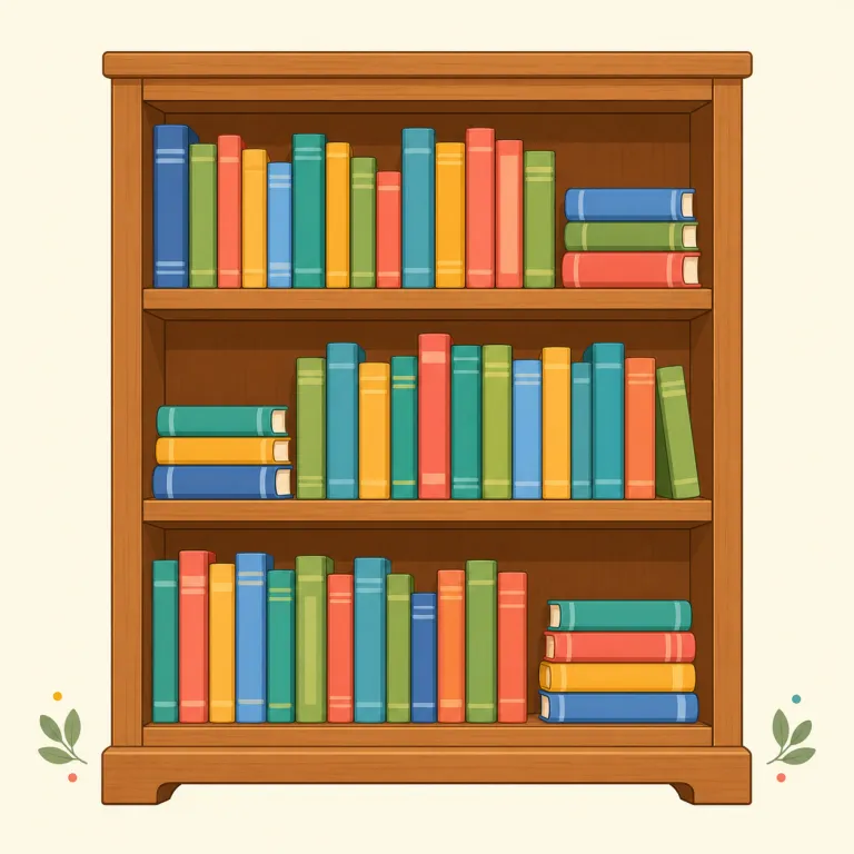 bookshelf（本棚・名詞）の覚え方イラスト — book と shelf がそのまま合体した語なので、『本(book)が棚(shelf)にずらっと並ぶ』一場面で覚えるのが最短です