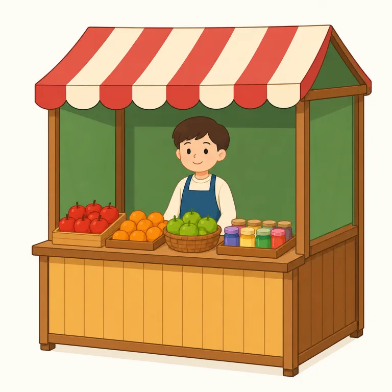 booth（仕切られた小さな区画、売り場・名詞）の覚え方イラスト — booth は、展示会・駅・祭りなどで人が立ち寄るために設けられた小さな売り場や受付区画を指します