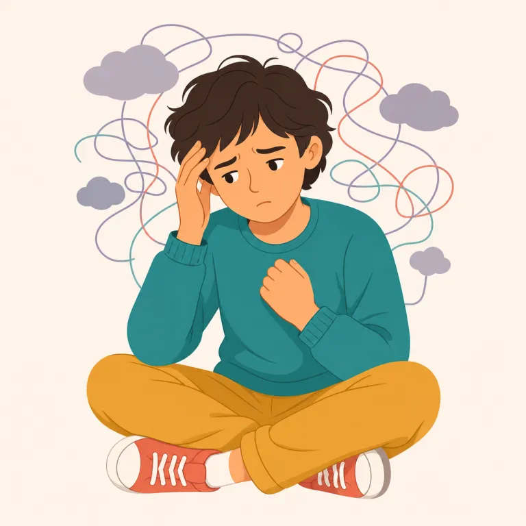 bothered（悩んでいる・形容詞）の覚え方イラスト — bother は「人を悩ませる」、bothered はその影響を受けて「悩んでいる、気にしている」と整理すると覚えやすいです