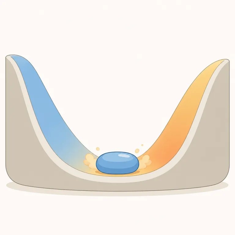 bottom out（底を打つ・句動詞）の覚え方イラスト — bottom はまず「底」の基本語として固定し、bottom out は「下がっていって、ついに底に当たり、それ以上は落ちない」と場面で覚えると残りやすいです