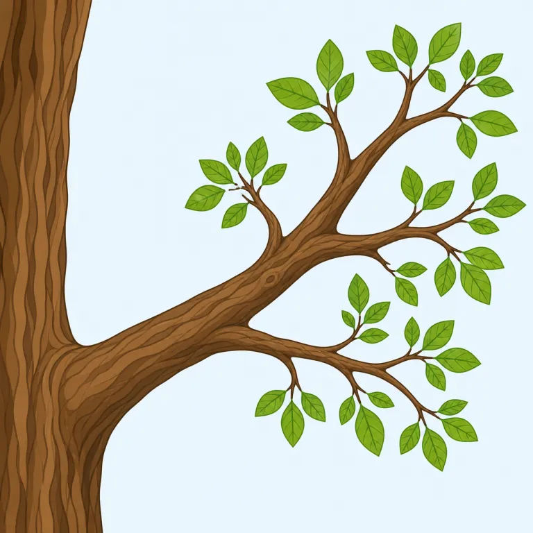 bough（大枝・名詞）の覚え方イラスト — branch は枝全般、twig は小枝、bough は幹から伸びる太い主枝