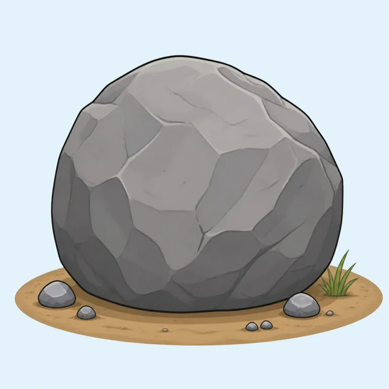boulder（岩・名詞）の覚え方イラスト — rock や stone よりかなり大きく、自然の中にごろっと単体である「大岩」を思い浮かべると定着しやすい語です