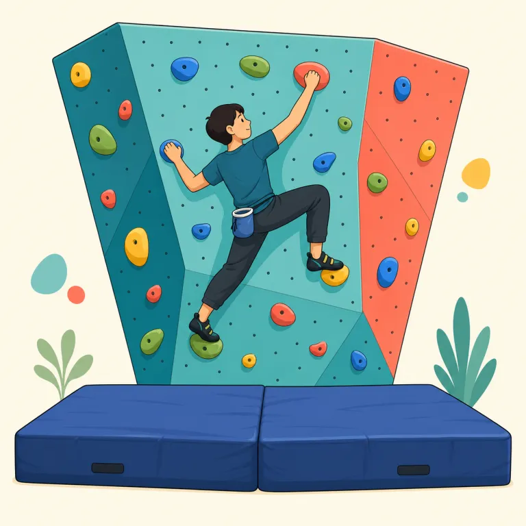 bouldering（ボルダリング・名詞）の覚え方イラスト — climbing は広く「登る」全般、bouldering はその中でも rope を使わず、低めの wall や岩を短く登る種目だとセットで覚えると定着しやすい