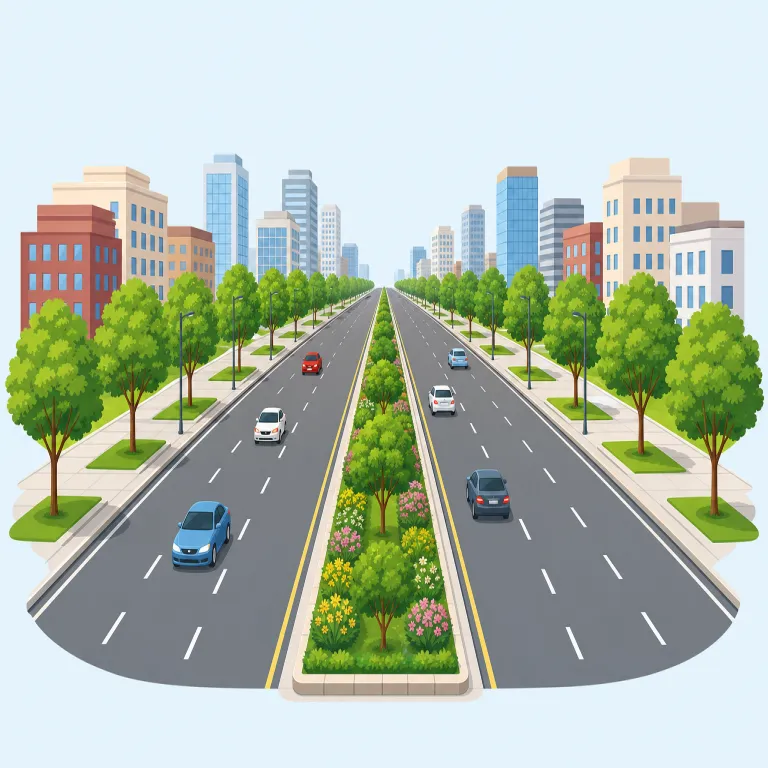 boulevard（大通り・名詞）の覚え方イラスト — このエントリでは boulevard を、街の中心を通る幅広く立派な「大通り」として覚えます
