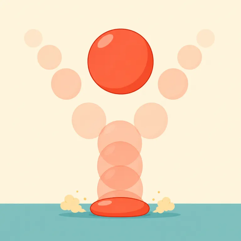bouncy（よく弾む・形容詞）の覚え方イラスト — bounce「跳ねる」に「〜の性質を持つ」の -y が付いて bouncy「よく弾む」と考えると覚えやすい