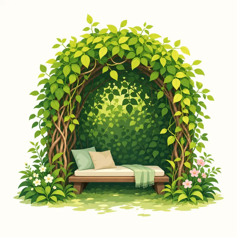 bower（木陰の休憩所・名詞）の覚え方イラスト — bower は「庭の中の、葉やつるに包まれた小さな shelter」とセットで覚えると残りやすいです