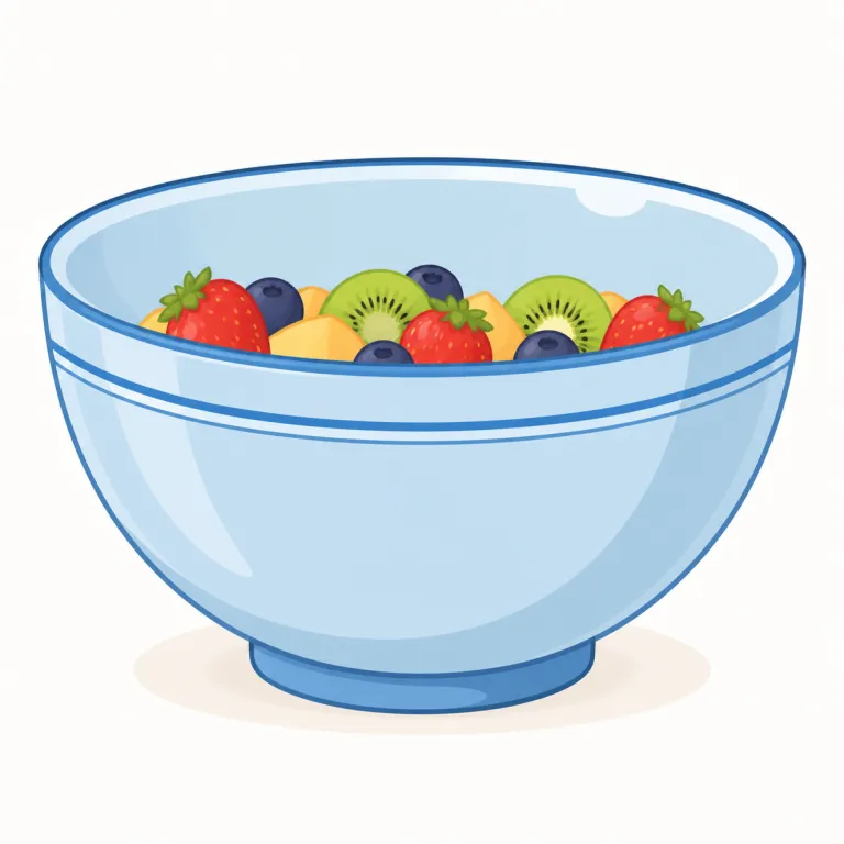 bowl（ボウル、鉢・名詞）の覚え方イラスト — この語義では「料理を食べる器」よりも、丸いくぼみが何かを入れている形に注目します