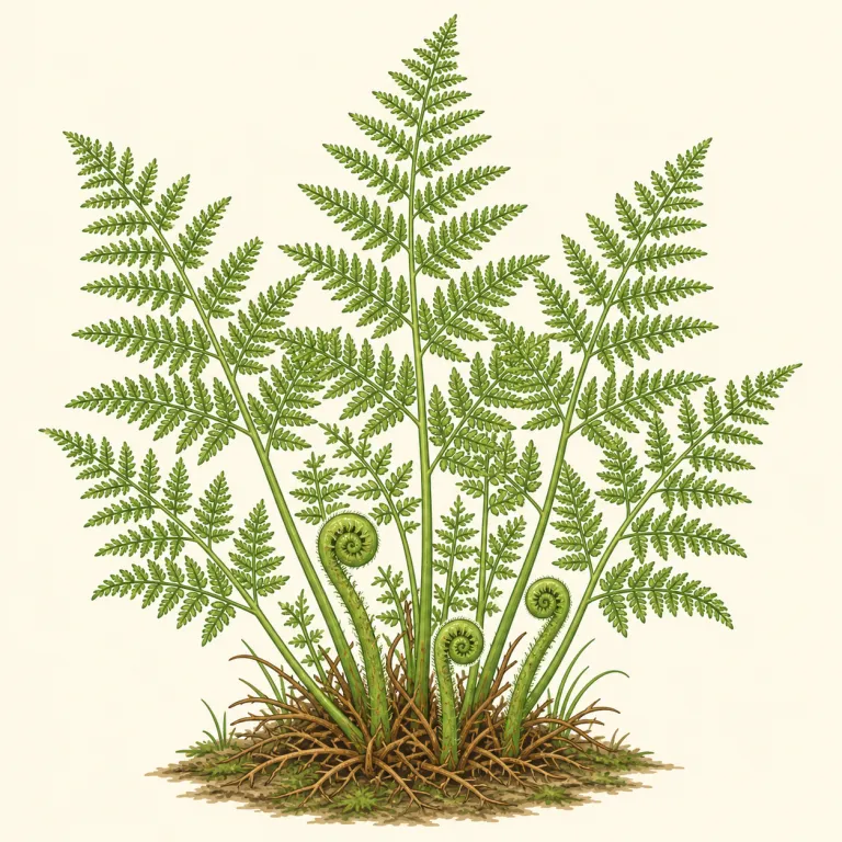 bracken（ワラビ・名詞）の覚え方イラスト — まず fern を知っているなら、bracken はその中でも野山に大きく群生する“背の高いシダの一面”を思い浮かべると定着しやすい語です