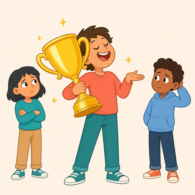 brag（自慢する・動詞）の覚え方イラスト — brag は自分の成果や持ち物を得意げに語ることで、しばしば否定的な響きがある