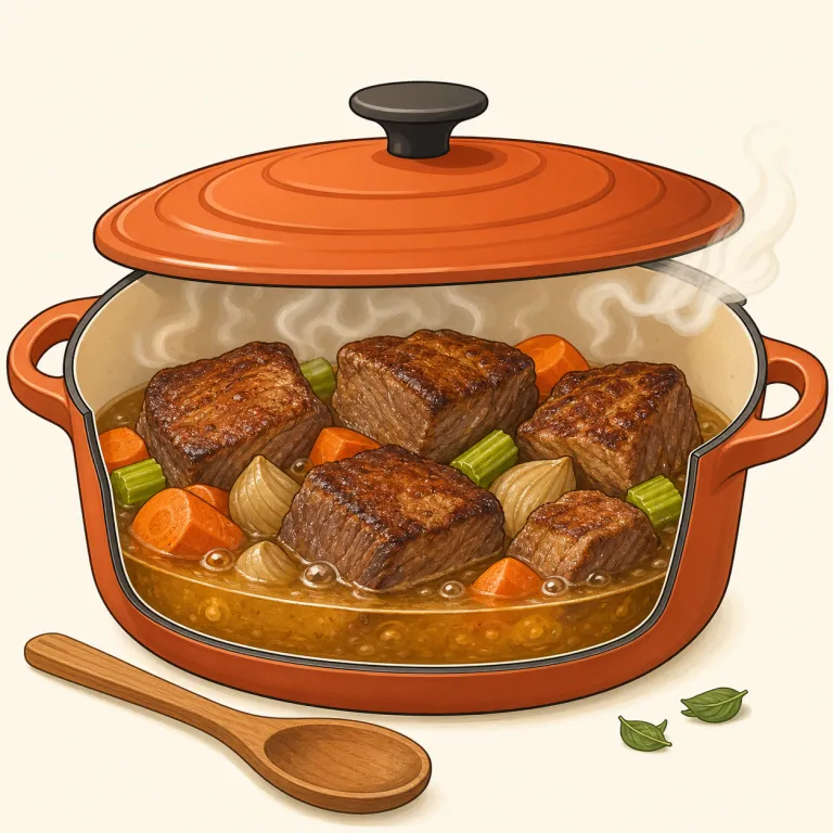 braise（蒸し煮にする・動詞）の覚え方イラスト — 料理動詞としては、braise を「表面を焼く→少量の液体を入れる→ふたをしてじっくり火を通す」という三段階セットで覚えると定着しやすいです