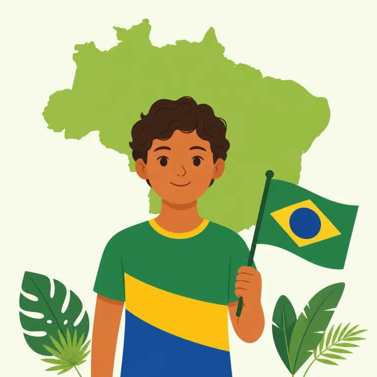 Brazilian（ブラジルの、ブラジル人）の覚え方イラスト — まず Brazil を見て、語尾に -ian が付くと「〜の人／〜の」という国籍・形容詞の定番パターンだと押さえると覚えやすい