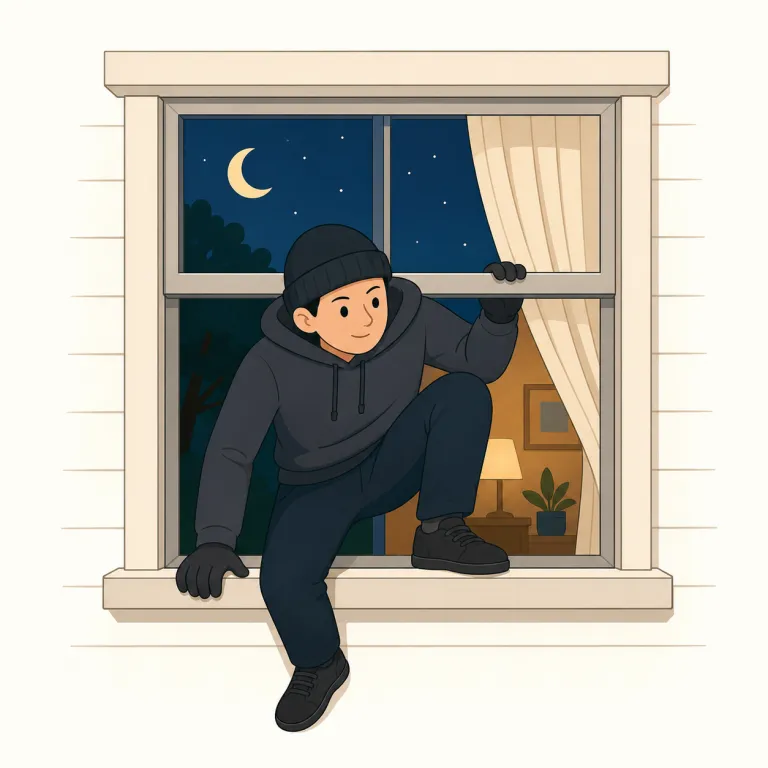 break in（不法侵入する・句動詞）の覚え方イラスト — break in は break「壊す・破る」＋ in「中へ」で、許可なく境界を破って中に入るイメージです