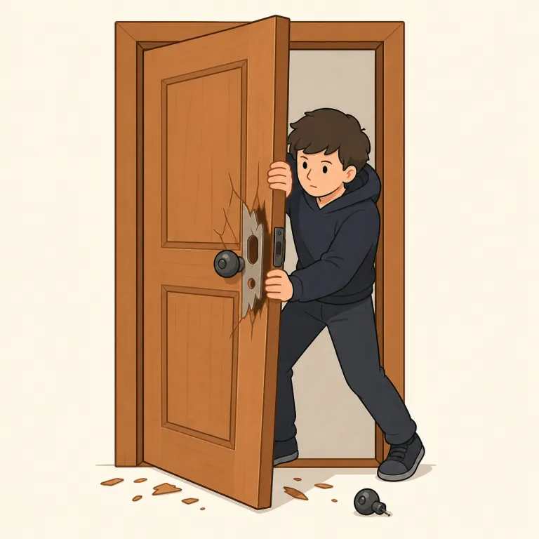 break into（押し入る・句動詞）の覚え方イラスト — break into は break「壊す・破る」＋ into「中へ」の文字どおりの組み合わせで覚えます