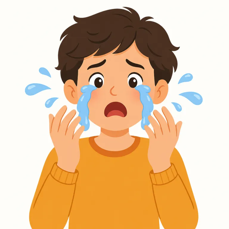 break into tears（泣き出す・イディオム）の覚え方イラスト — break into tears は「感情が静かな状態を破って、涙の状態へ急に入る」と考えると覚えやすいです