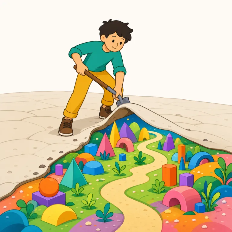 break new ground（新境地を開く・イディオム）の覚え方イラスト — break は「壊す」だけでなく「停滞を破る」、ground は「地面」から転じて「領域・分野」