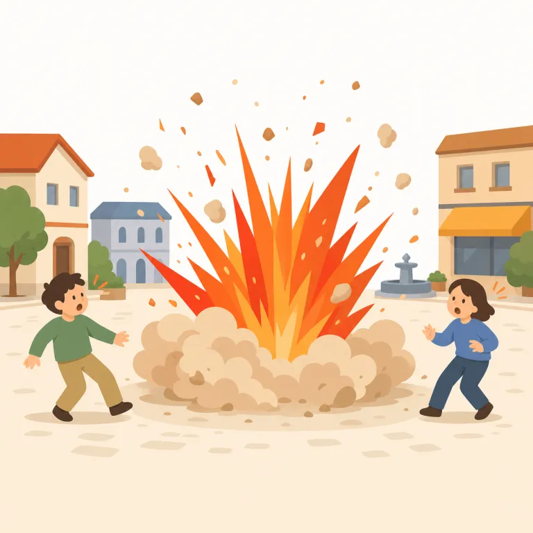 break out（勃発する・句動詞）の覚え方イラスト — この意味の break out は、事件や火事、戦争、病気などが抑えられずに一気に表面へ出るイメージです