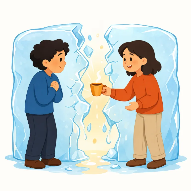break the ice（場を和ませる・イディオム）の覚え方イラスト — break は「壊す・破る」、ice は「氷」