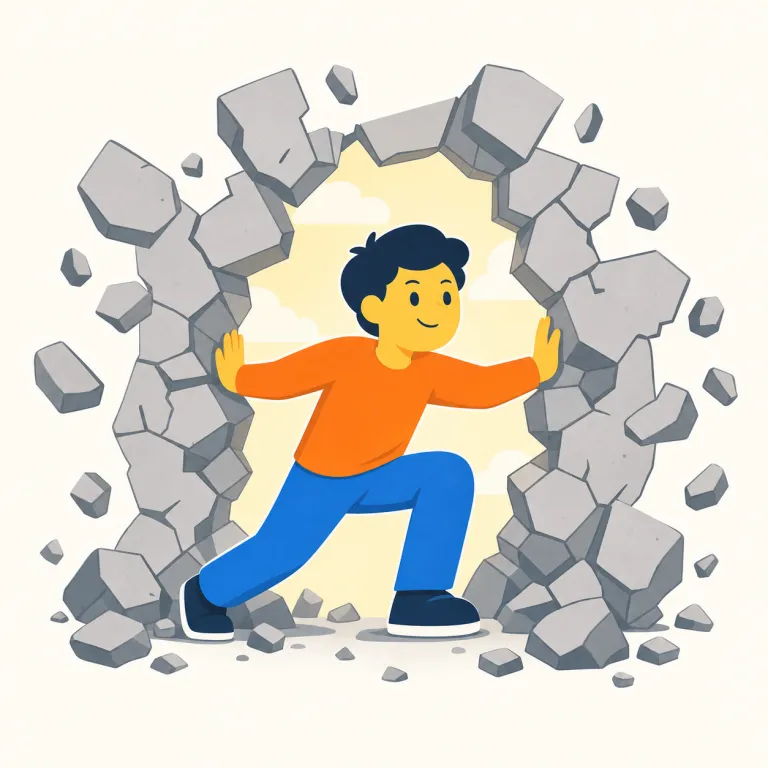 break through（突破する・句動詞）の覚え方イラスト — break と through を分けて捉えると覚えやすいです