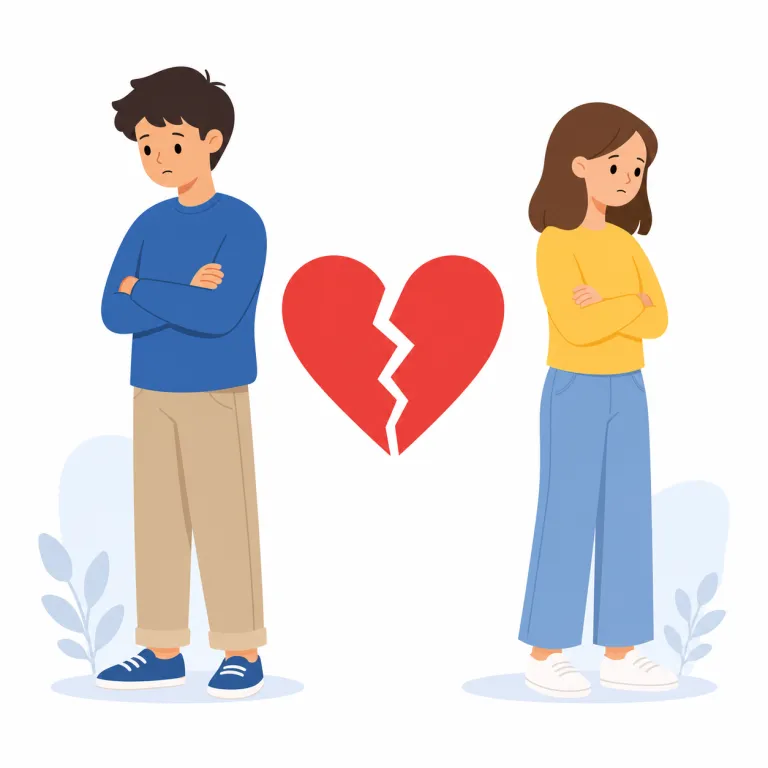 break up（別れる・句動詞）の覚え方イラスト — break は「壊す」、up は「完全に・終わりまで」の感覚を添えるので、恋人同士の関係を一つのまとまりとして見て、それが壊れて終わると考えると覚えやすいです