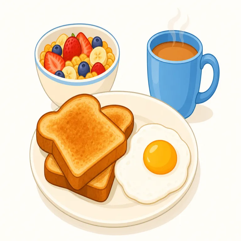 breakfast（朝食・名詞）の覚え方イラスト — breakfast は break「終える」と fast「断食・食べない時間」の組み合わせで、夜のあいだ続いた空腹を朝に終える食事、という成り立ちです