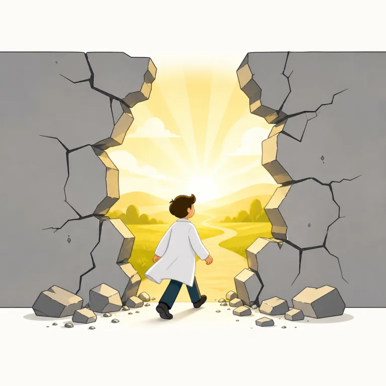 breakthrough（突破口・名詞）の覚え方イラスト — この意味では、breakthrough を「大きな進展」そのものではなく、行き詰まりを抜けるための手がかりや突破口として捉えます