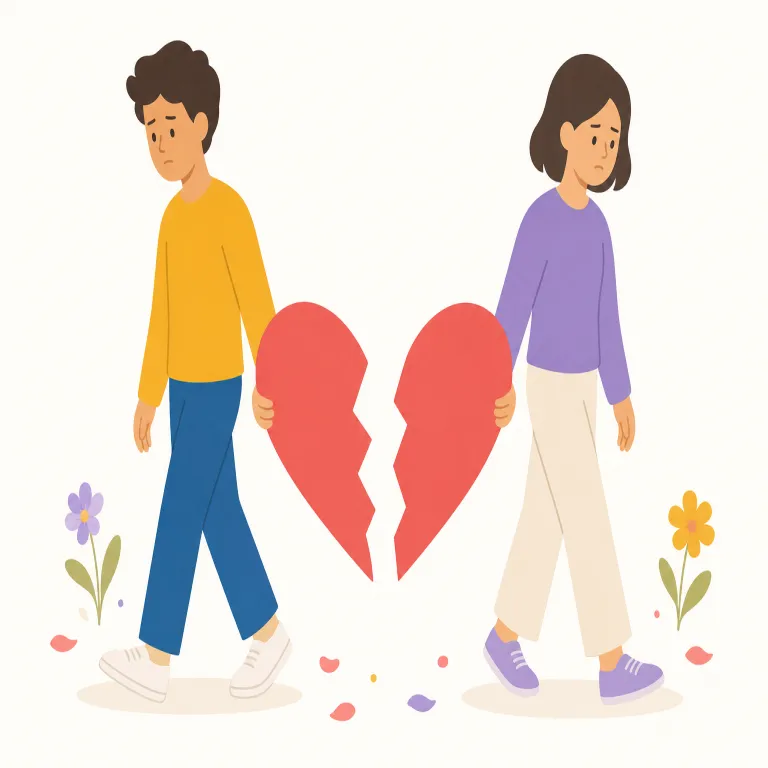 breakup（別れ・名詞）の覚え方イラスト — breakup は、人間関係、とくに恋愛関係が終わる出来事として覚えると定着します