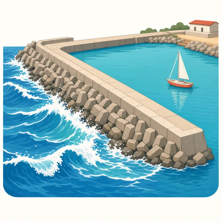breakwater（防波堤・名詞）の覚え方イラスト — breakwater は break + water の見たままの複合語で、「水をせき止める壁」ではなく「押し寄せる波の力を break して弱めるもの」と理解すると残りやすいです
