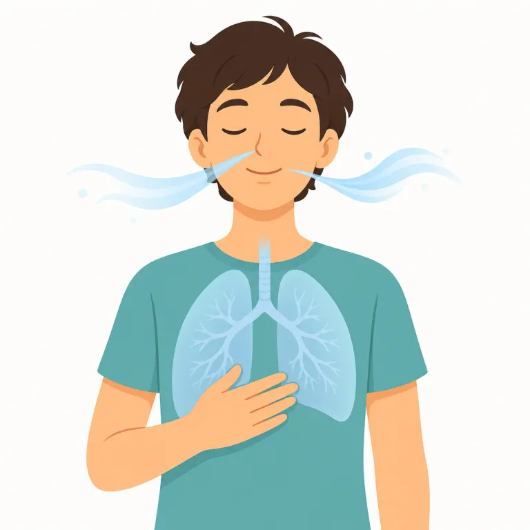 breathe（息をする・動詞）の覚え方イラスト — breathe は、空気を吸って吐く一連の生命活動として覚えます