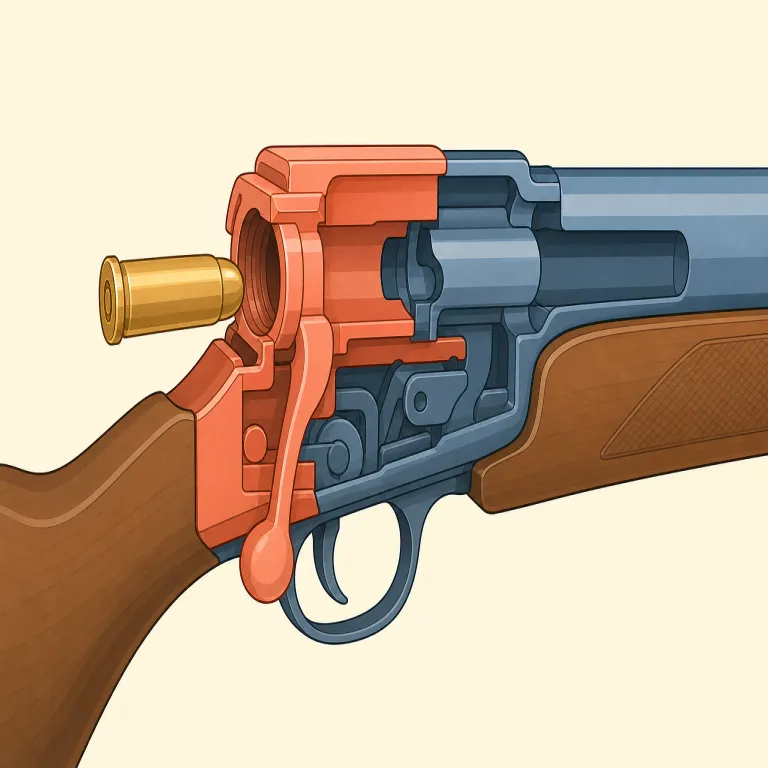 breech（銃の後部・名詞）の覚え方イラスト — breech は breeches（半ズボン）と同根で、どちらも「体や物の後ろ側」の感覚でつながると覚えると残りやすいです