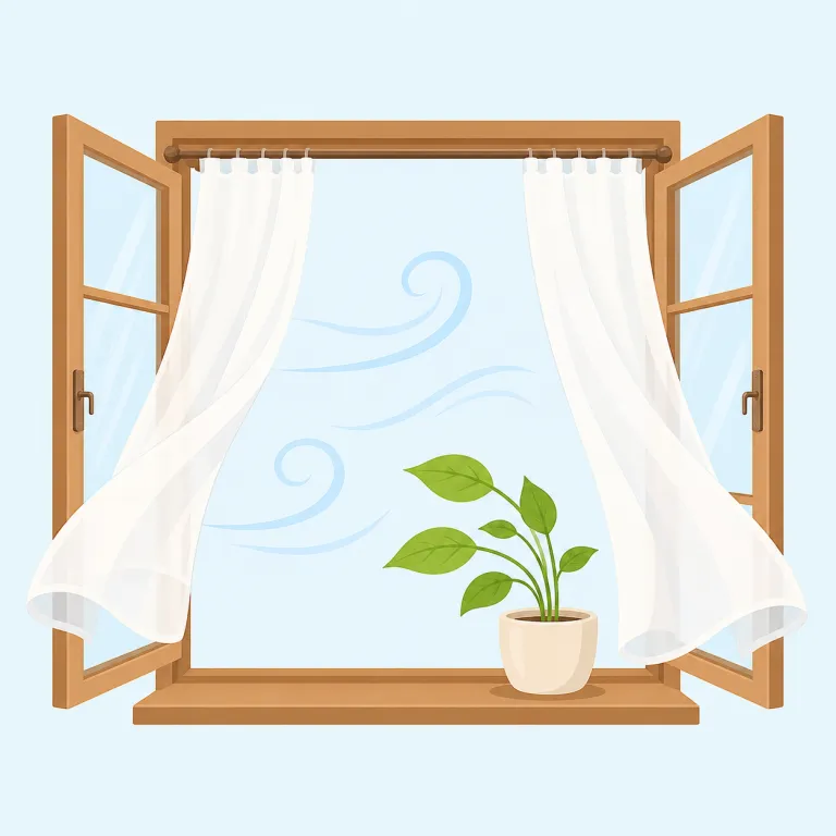 breeze（そよ風・名詞）の覚え方イラスト — breeze の「そよ風」は、wind よりも軽く、木の葉やカーテンが少し揺れる程度の穏やかな風を指す名詞です