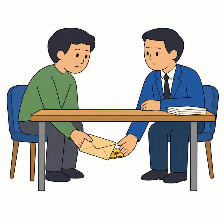 bribery（贈収賄・名詞）の覚え方イラスト — bribe（わいろを渡して動かす）を知っていれば、その行為や慣行を名詞にした形が bribery