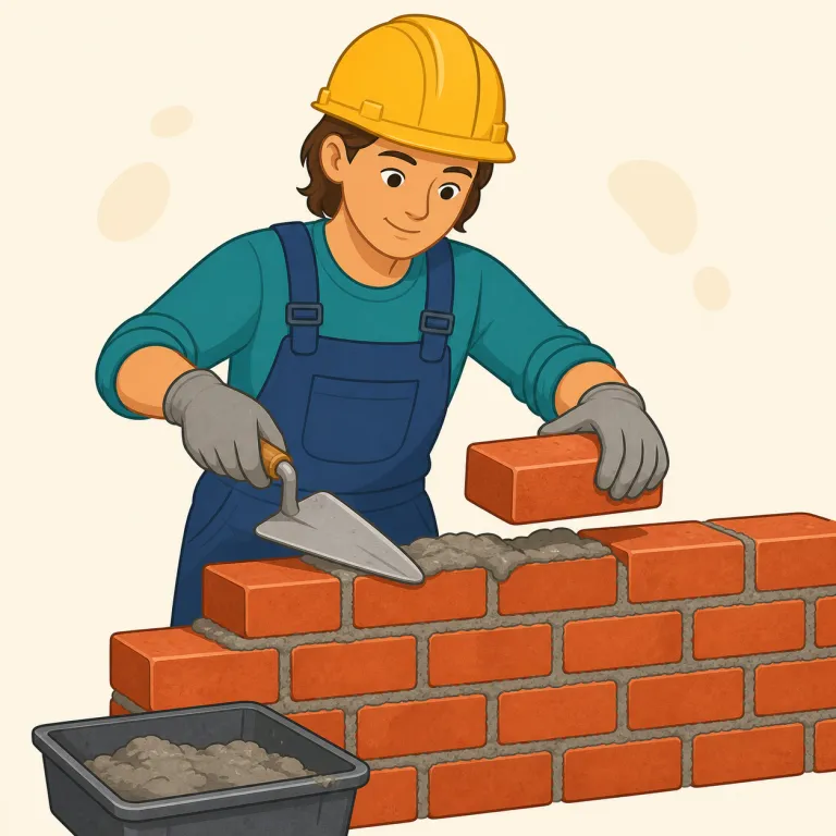 bricklayer（れんが職人・名詞）の覚え方イラスト — brick「れんが」と、lay「置く・積む」から来る layer を分けて覚えると取りやすい語
